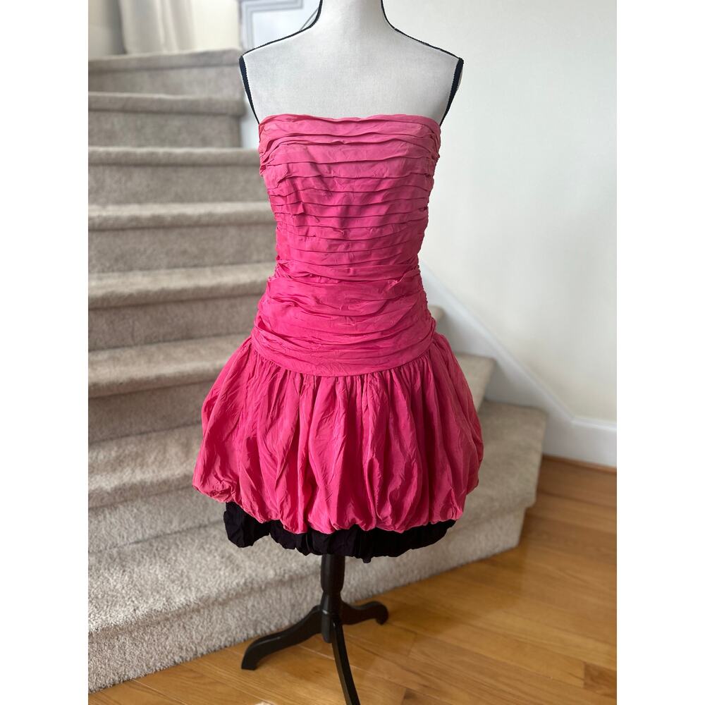 Lillie Rubin Vintage 80s Pink Black Taffeta Bubble Hem Ruched Mini Party Dress